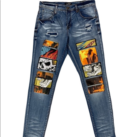 Men’s Denim Pants Graphic Print “Godspeed” Civilized Brand - Picture 1 of 5